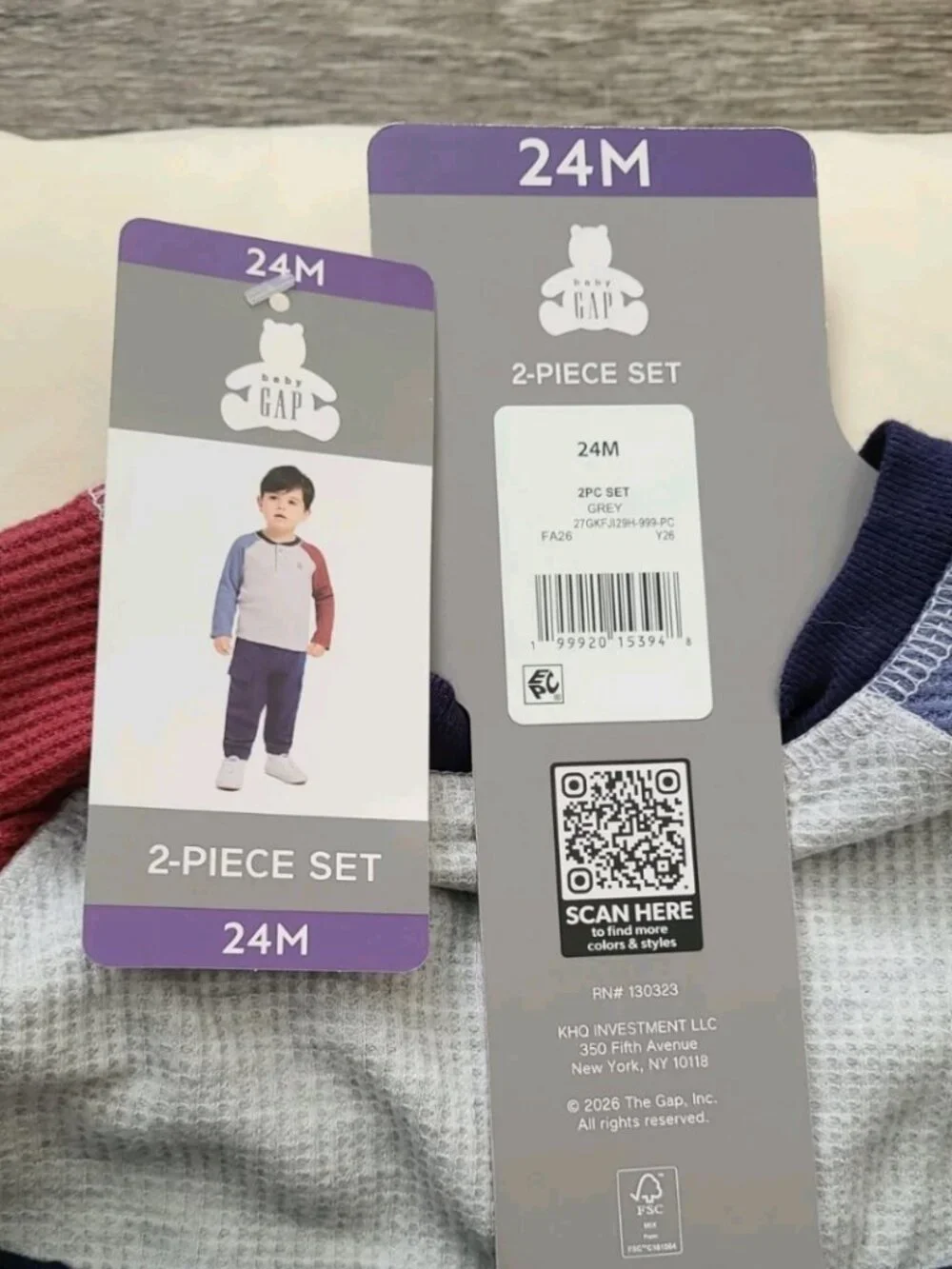 Baby Gap 2 Pc Set Thermal Long Slv Top W. Teddy Bear Icon, Navy Blue Sweatpants